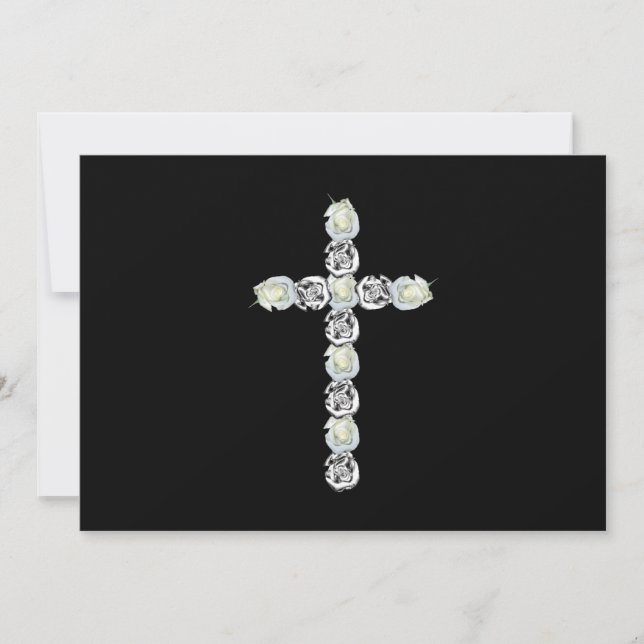 Cross of Silver and White Roses Invitation (Front)