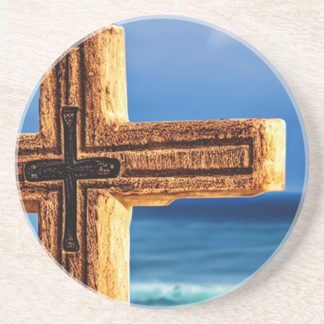 Cross on Blue Ocean Scene Sandstone Coaster (Front)