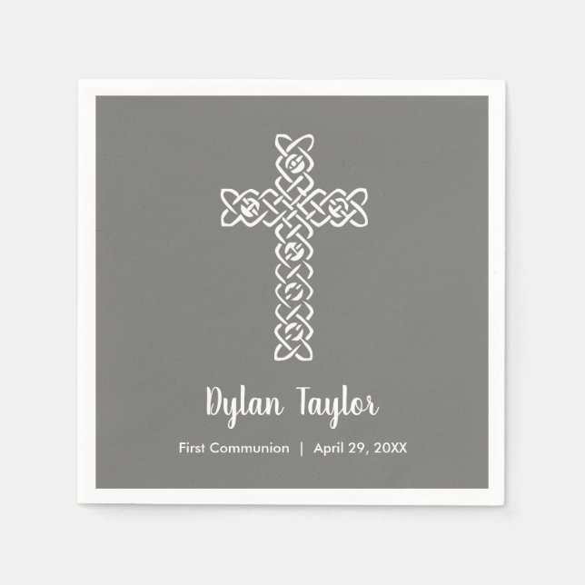 Cross on Charcoal Grey First Communion Napkin (Front)