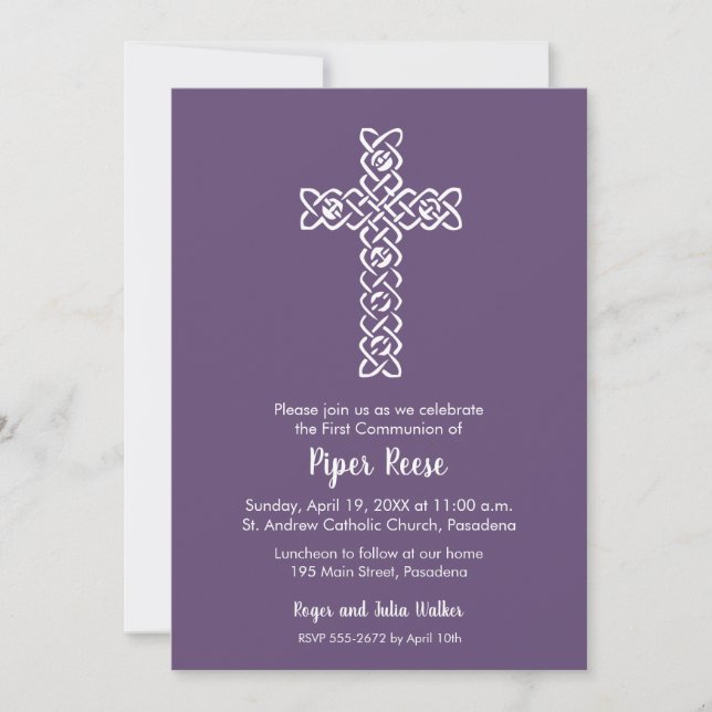 Cross on Dark Purple Baptism, Christening Invites (Front)