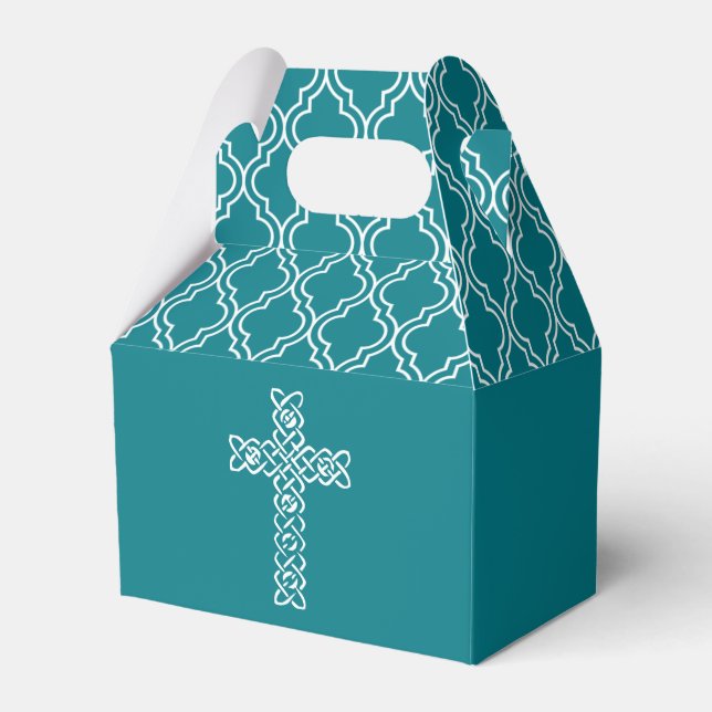 Cross on Dark Teal First Communion Favor Box (Front Side)