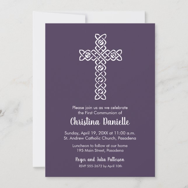 Cross on Eggplant Purple First Communion Invites (Front)