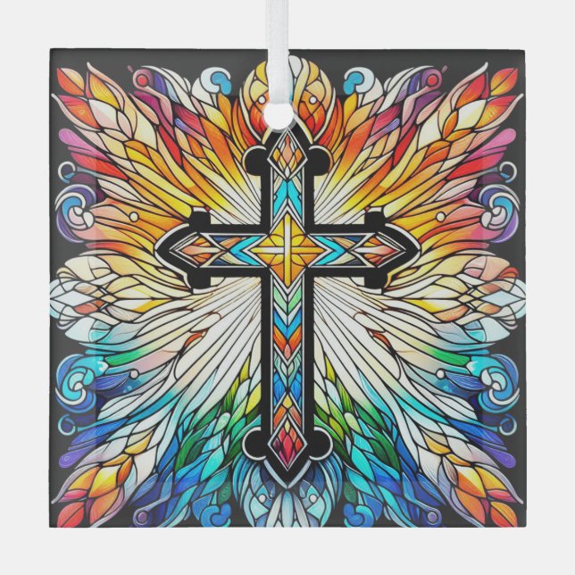 Cross on Fiery Stained Glass Design Suncatcher  Glass Ornament (Front)