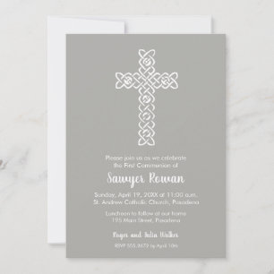 Cross on Grey First Communion Invitations