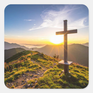Cross on hill square sticker
