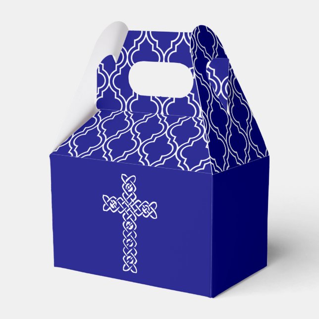 Cross on Navy Blue First Communion Favor Box (Front Side)