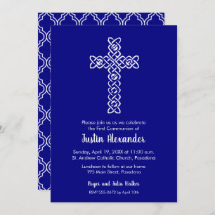 Cross on Navy Blue First Communion Invitationss