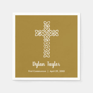 Cross on Old Gold Communion Baptism Christening Napkin