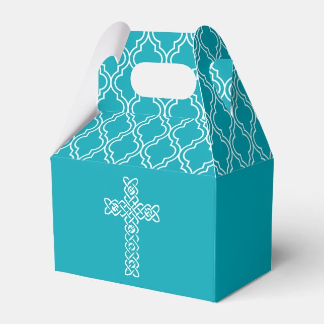 Cross on Peacock Blue First Communion Favor Box (Front Side)