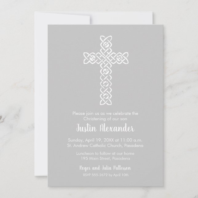 Cross on Platinum Baptism, Christening Invites (Front)