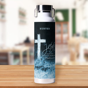 Cross on Raging Sea Bible Verse Personalized Water Bottle