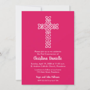 Cross on Ruby Pink Baptism, Christening Invitation