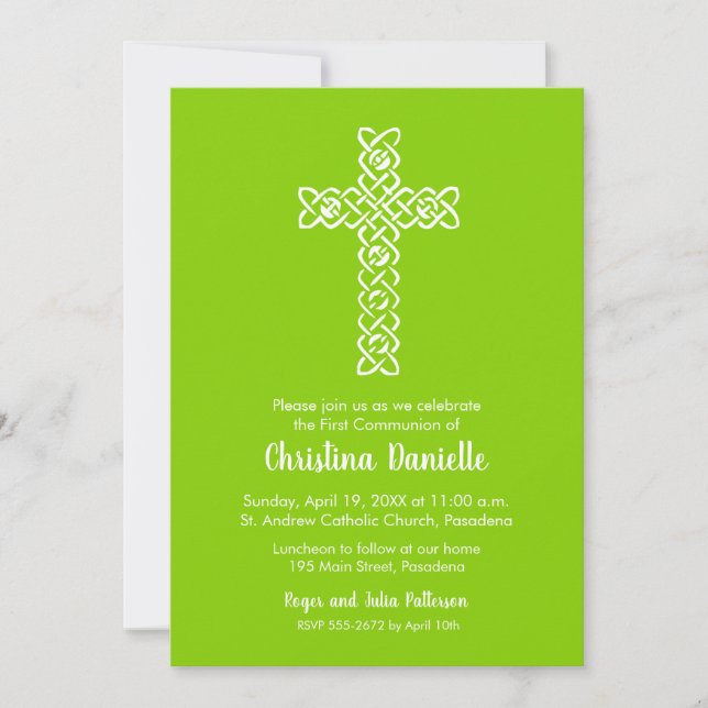 Cross on Spring Green First Communion Invites (Front)