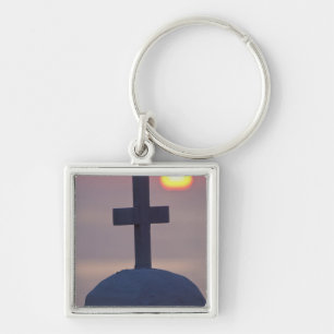 Cross on top of church at sunset, Mykonos, Keychain