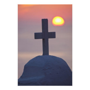 Cross on top of church at sunset, Mykonos, Photo Print