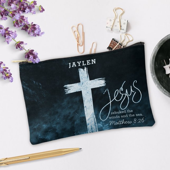 Cross on Water Dark Blue Scripture Personalized Accessory Pouch (Creator Uploaded)