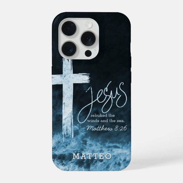 Cross on Water Dark Blue Scripture Personalized iPhone Case (Back)
