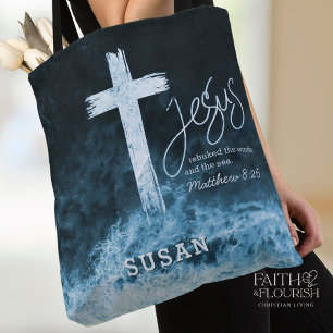 Cross on Water Dark Blue Scripture Personalized Tote Bag