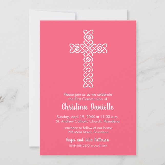 Cross on Watermelon Pink First Communion Invites (Front)