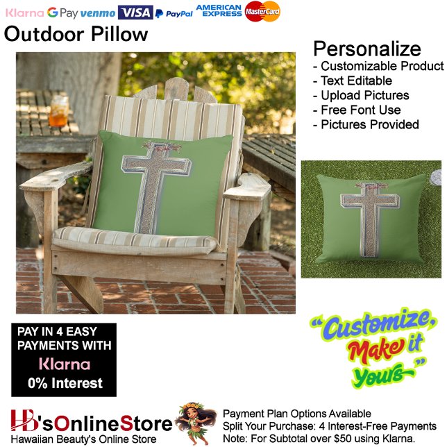 Cross Outdoor Pillow with Green Background (Cross Outdoor Throw Pillow with Green Background.)