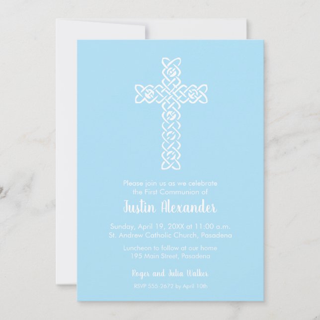 Cross & Pale Blue First Communion Invitations (Front)