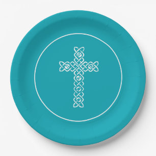 Cross Peacock Blue Communion Baptism Christen Paper Plate