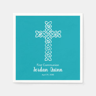 Cross Peacock Blue Communion Baptism Christening Napkin