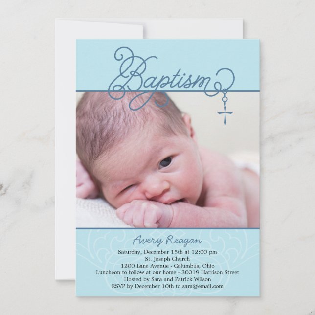 Cross Pendant Photo Baptism Invitation - Blue (Front)