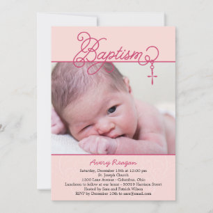 Cross Pendant Photo Baptism Invitation - Pink