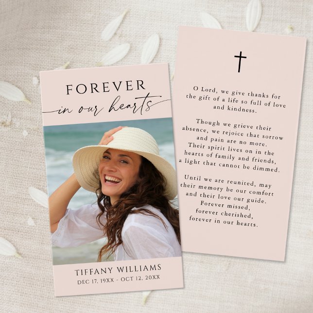 Cross Photo Forever Hearts Sympathy Prayer Card (Creator Uploaded)