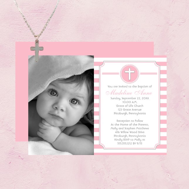 Cross Pink Stripes Girl Photo Baptism Invitation (Cross Pink and White Stripes Girl Photo Baptism Invitation)