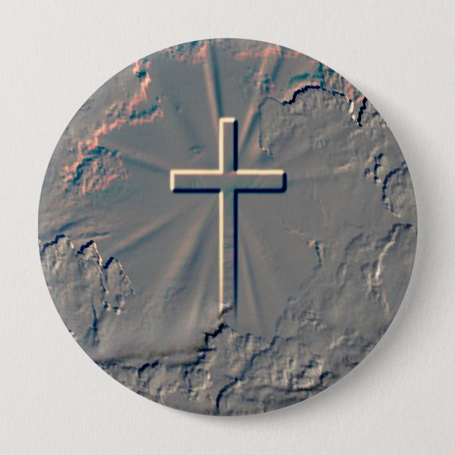 CROSS POPPING OUT FROM ROCK 4 INCH ROUND BUTTON (Front)