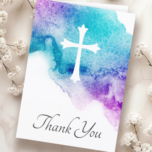 Cross & purple blue watercolor sympathy thank you  card (Cross & purple blue watercolor sympathy thank you card)