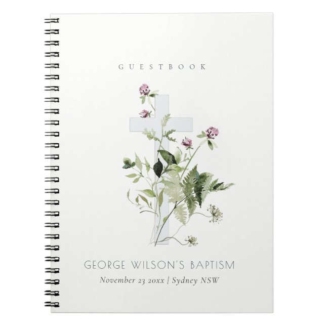 Cross Purple Wildflower Floral Baptism Guestbook Notebook (Front)
