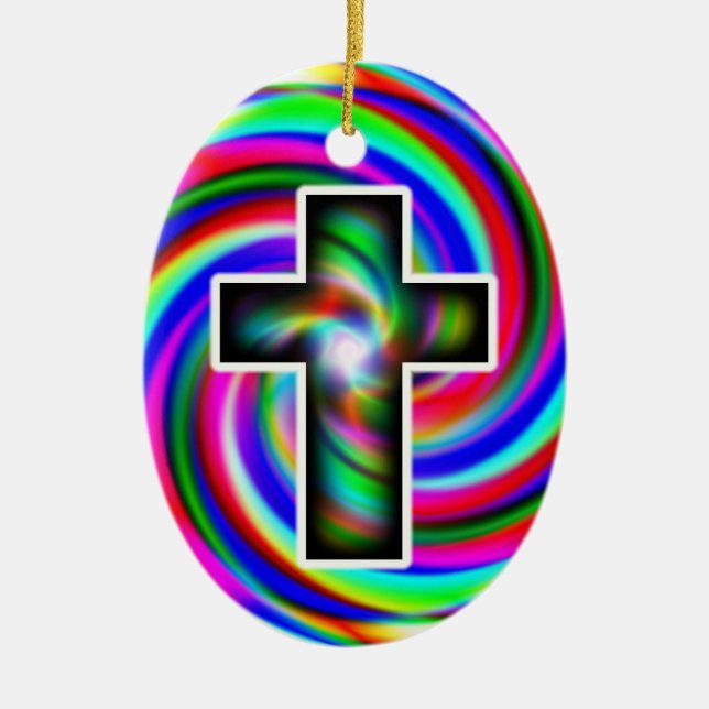 Cross rainbow spiral ceramic ornament (Front)