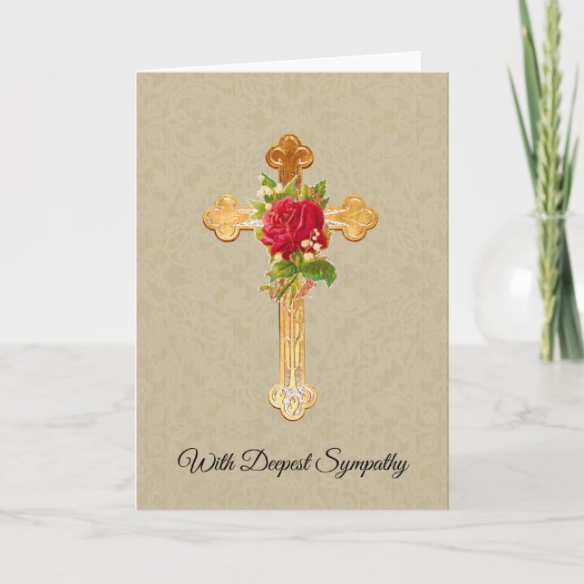 Cross Red Roses Christian Condolence Sympathy Card (Front)