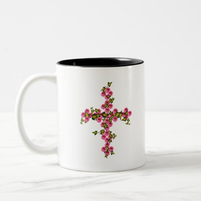 Cross roses and ivy Two-Tone coffee mug (Left)