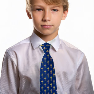 Cross Royal Blue Faux Gold Foil First Communion Tie