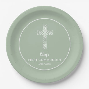 Cross Sage Green Communion Baptism Christening Paper Plate