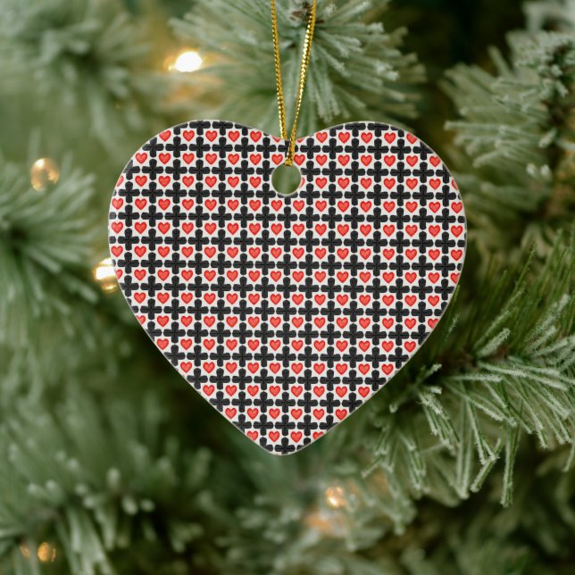 Cross Shaped Checkered Pattern with Red Hearts Ceramic Ornament (Tree)