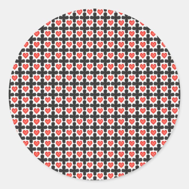 Cross Shaped Checkered Pattern with Red Hearts Classic Round Sticker (Front)