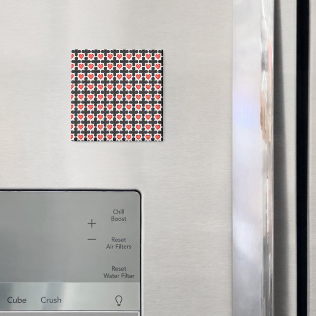 Cross Shaped Checkered Pattern with Red Hearts Magnet (In Situ (Fridge))