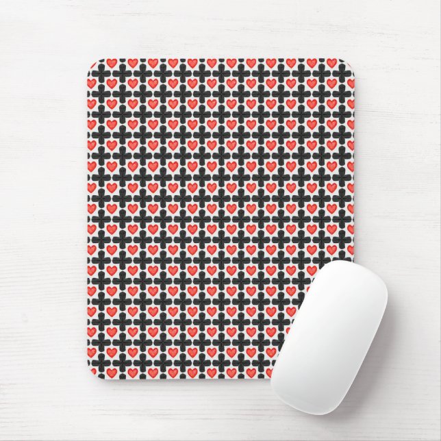 Cross Shaped Checkered Pattern with Red Hearts Mouse Pad (With Mouse)