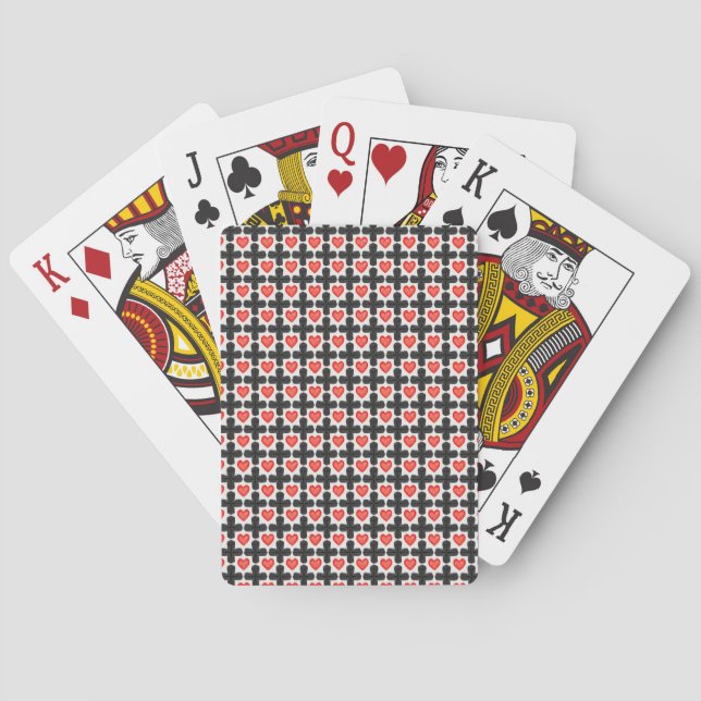 Cross Shaped Checkered Pattern with Red Hearts Playing Cards (Back)