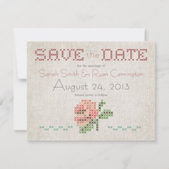 Cross-stitch Antique Wedding Save the Date Card (Front)
