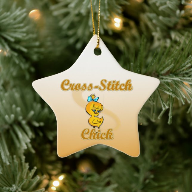 Cross-Stitch Chick Ceramic Ornament (Tree)