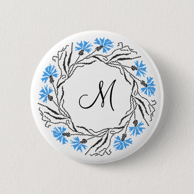 Cross-stitch Cornflower Circle  Monogram Initial 2 Inch Round Button (Front)