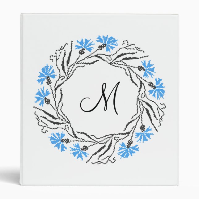 Cross-stitch Cornflower Circle  Monogram Initial Binder (Front)