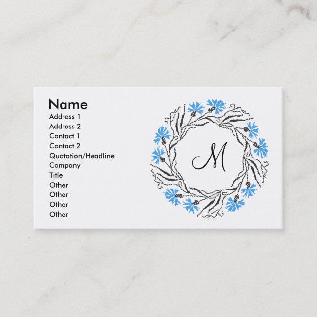 Cross-stitch Cornflower Circle  Monogram Initial Business Card (Front)