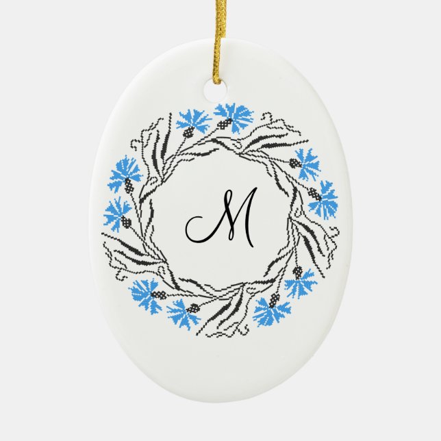 Cross-stitch Cornflower Circle  Monogram Initial Ceramic Ornament (Front)